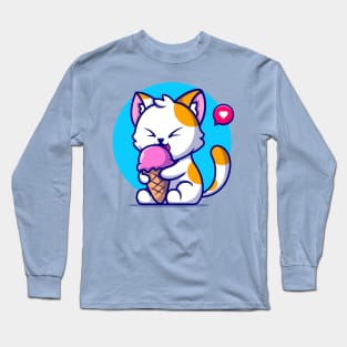 Cute Cat Eating Ice Cream Cone Cartoon Long Sleeve T-Shirt